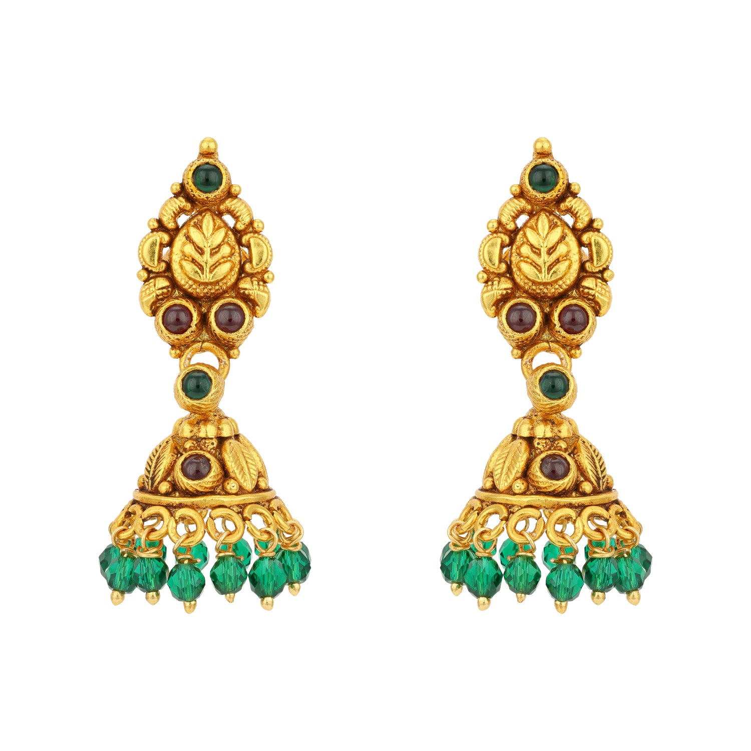 Traditional Gold Plated Leaf Motif Red Green Stones 925 Sterling Silver Green Bead Drop Jhumka for Women