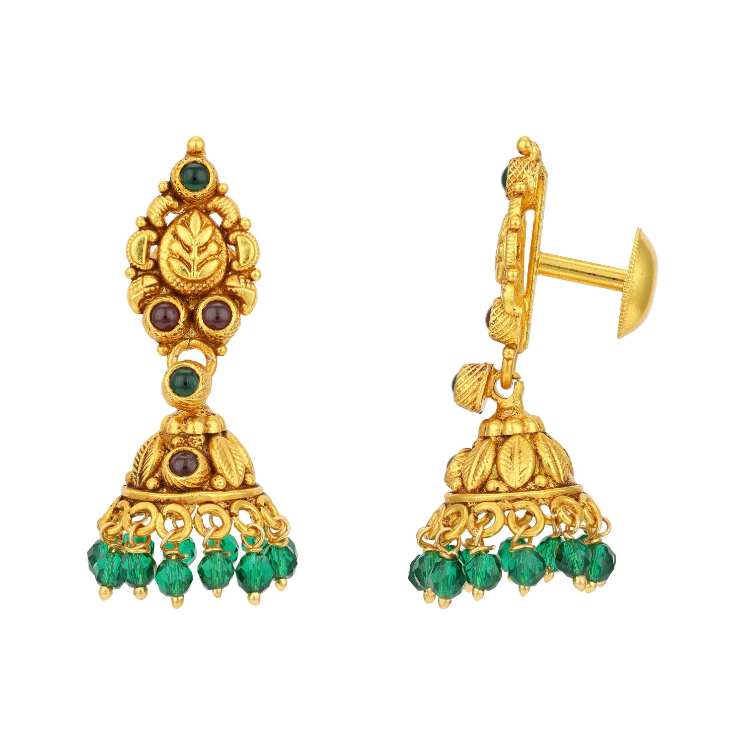 Traditional Gold Plated Leaf Motif Red Green Stones 925 Sterling Silver Green Bead Drop Jhumka for Women