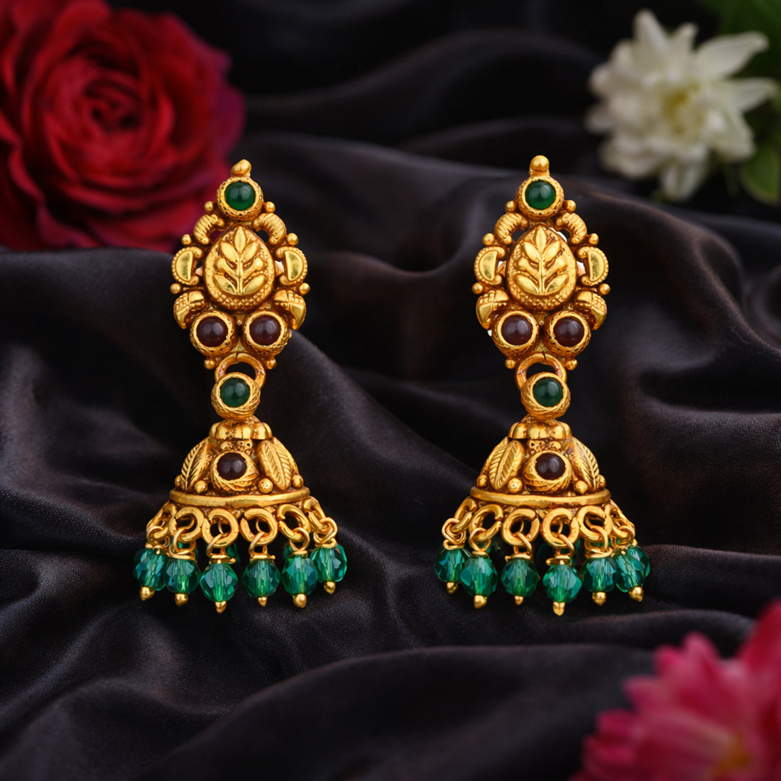 Traditional Gold Plated Leaf Motif Red Green Stones 925 Sterling Silver Green Bead Drop Jhumka for Women