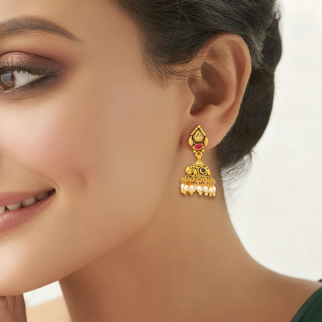 Traditional Gold Plated Paisley 925 Sterling Silver Pearl Drop Jhumka for Women