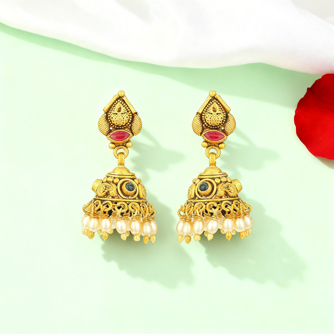 Traditional Gold Plated Paisley 925 Sterling Silver Pearl Drop Jhumka for Women