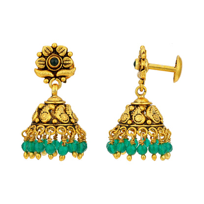 Traditional Gold Toned Paisley Pattern 925 Sterling Silver Green Drop Jhumka for Women