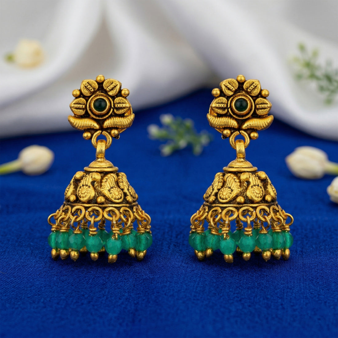 Traditional Gold Toned Paisley Pattern 925 Sterling Silver Green Drop Jhumka for Women