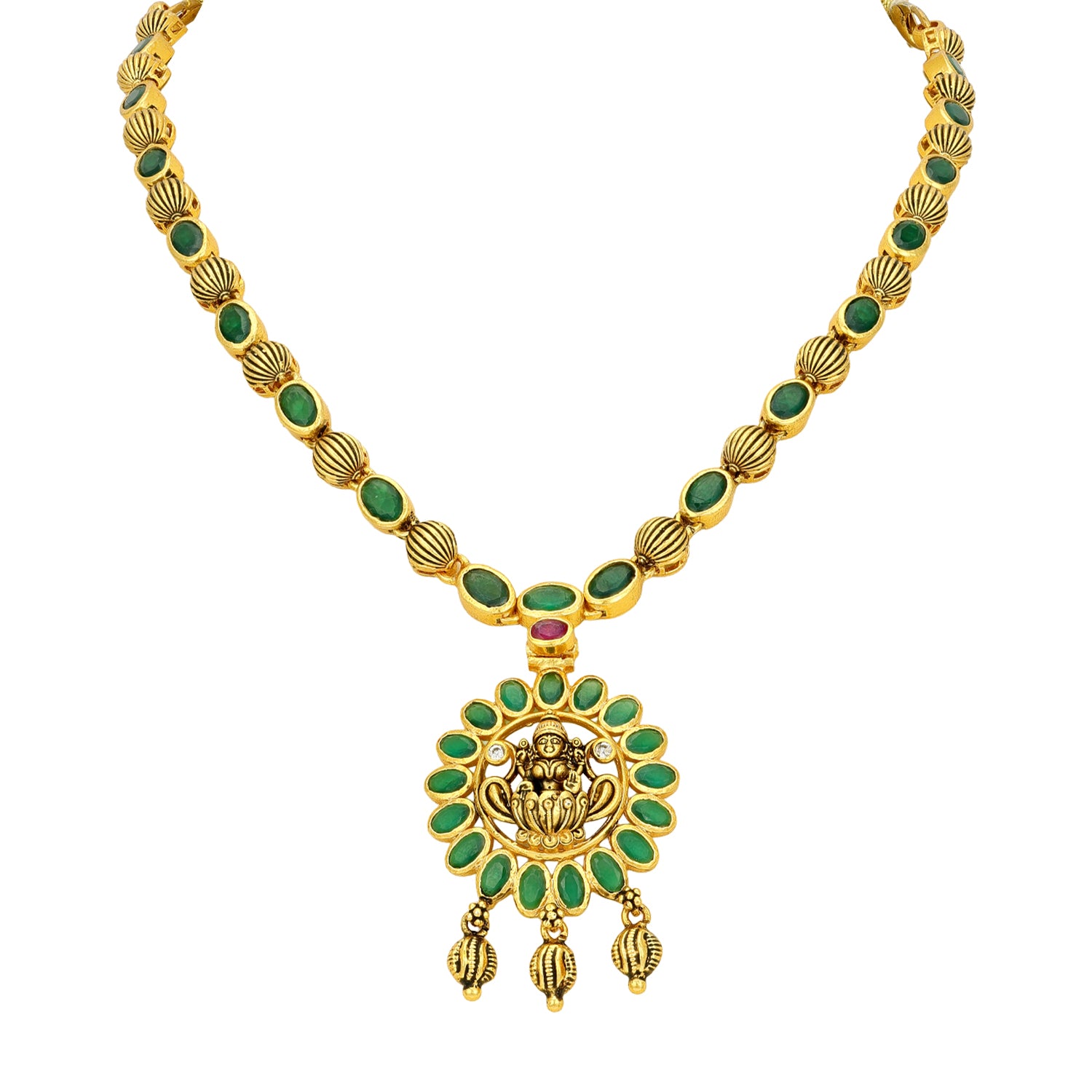 Traditional Green Stone Accent 925 Sterling Silver Goddess Lakshmi Drop Short Haram for Women