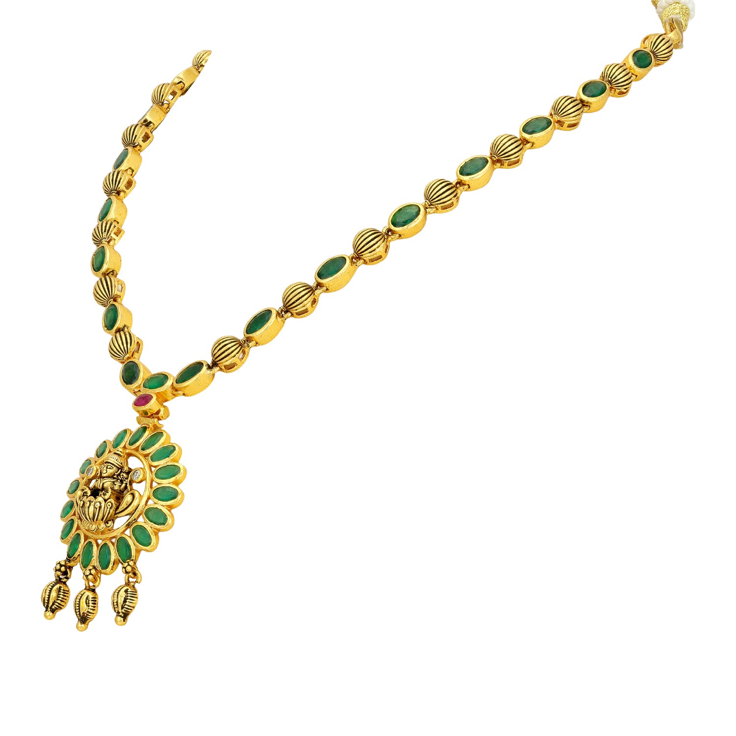 Traditional Green Stone Accent 925 Sterling Silver Goddess Lakshmi Drop Short Haram for Women