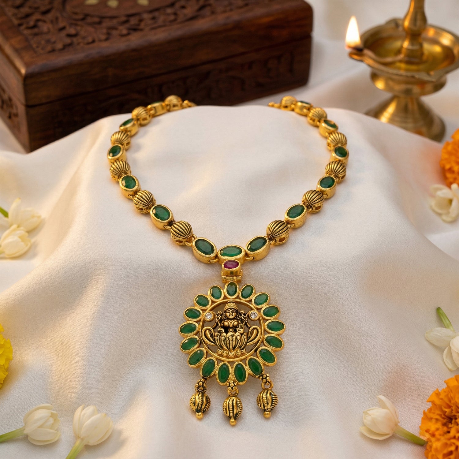 Traditional Green Stone Accent 925 Sterling Silver Goddess Lakshmi Drop Short Haram for Women