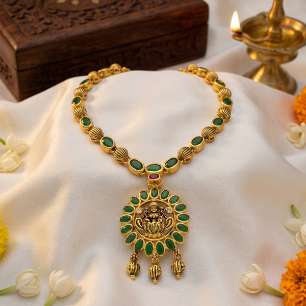 Traditional Green Stone Accent 925 Sterling Silver Goddess Lakshmi Drop Short Haram for Women