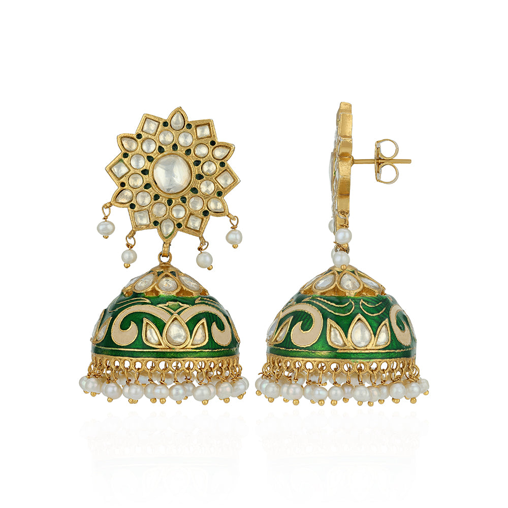 Traditional Kundan Jhumka 925 Sterling Silver Earrings