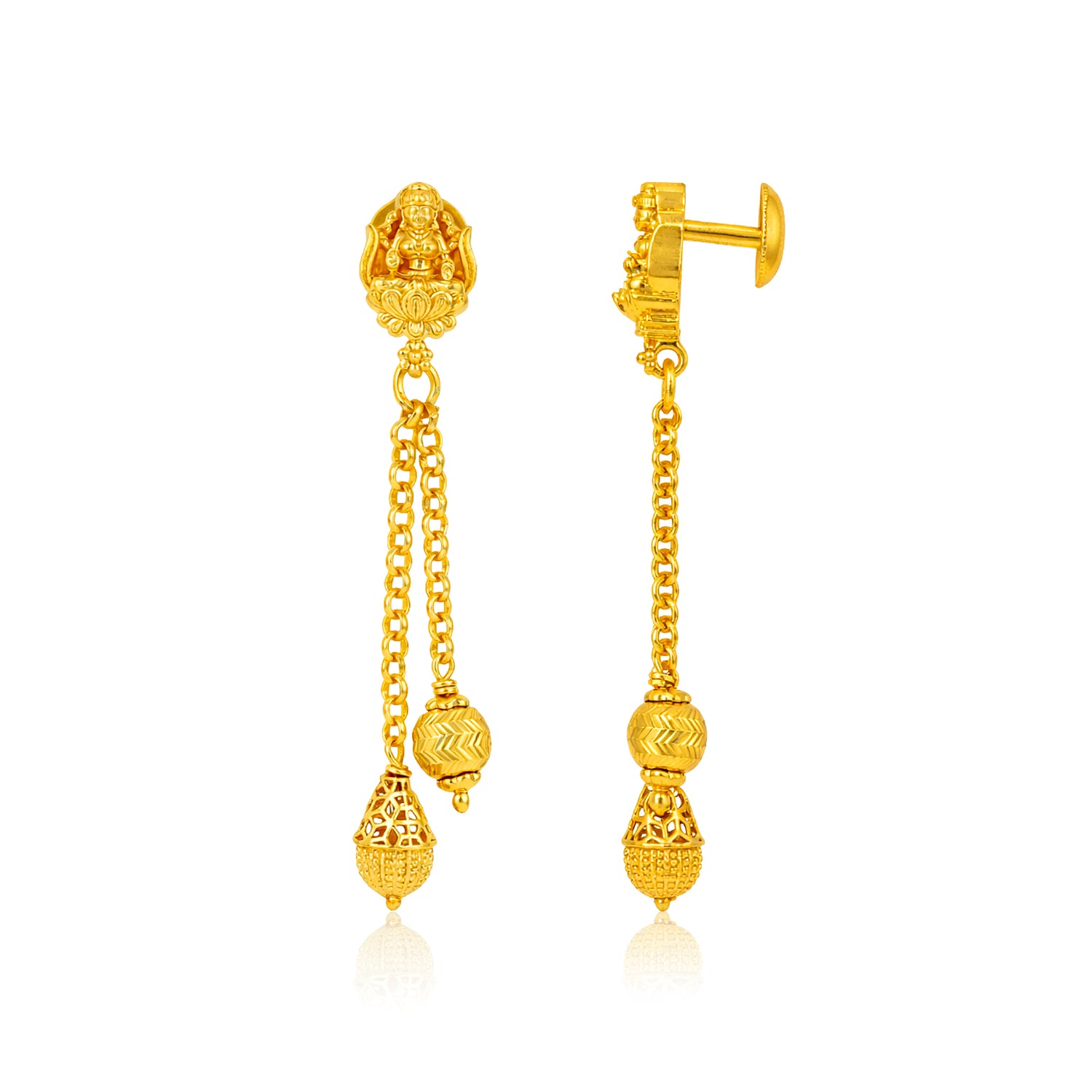 Traditional Lakshmi Chain Dangling 925 Sterling Silver Gold Plated Earring for Women