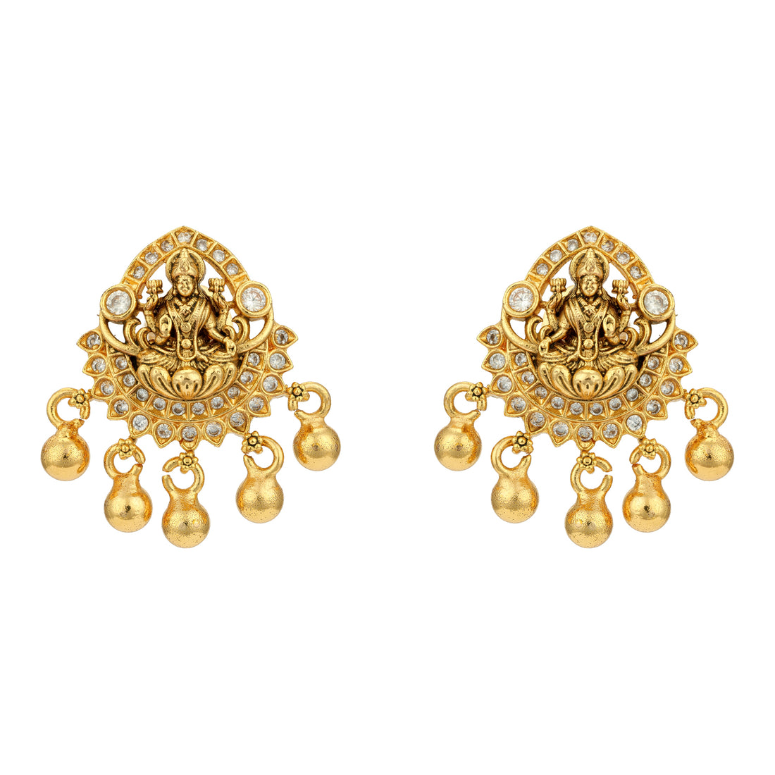 Traditional Lakshmi Devi CZ Frame 925 Sterling Silver Gold Drop Earring for Women