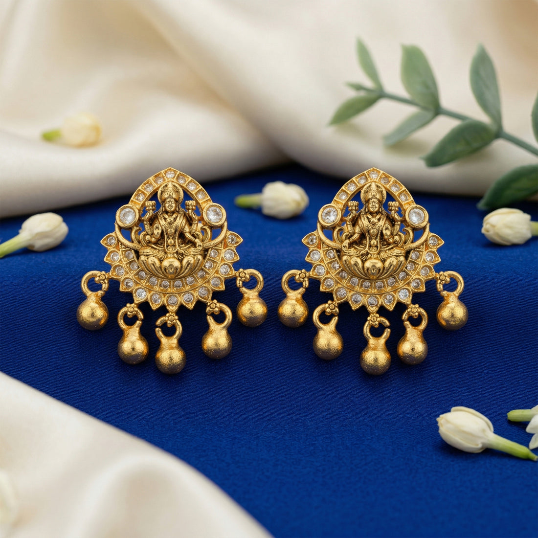 Traditional Lakshmi Devi CZ Frame 925 Sterling Silver Gold Drop Earring for Women
