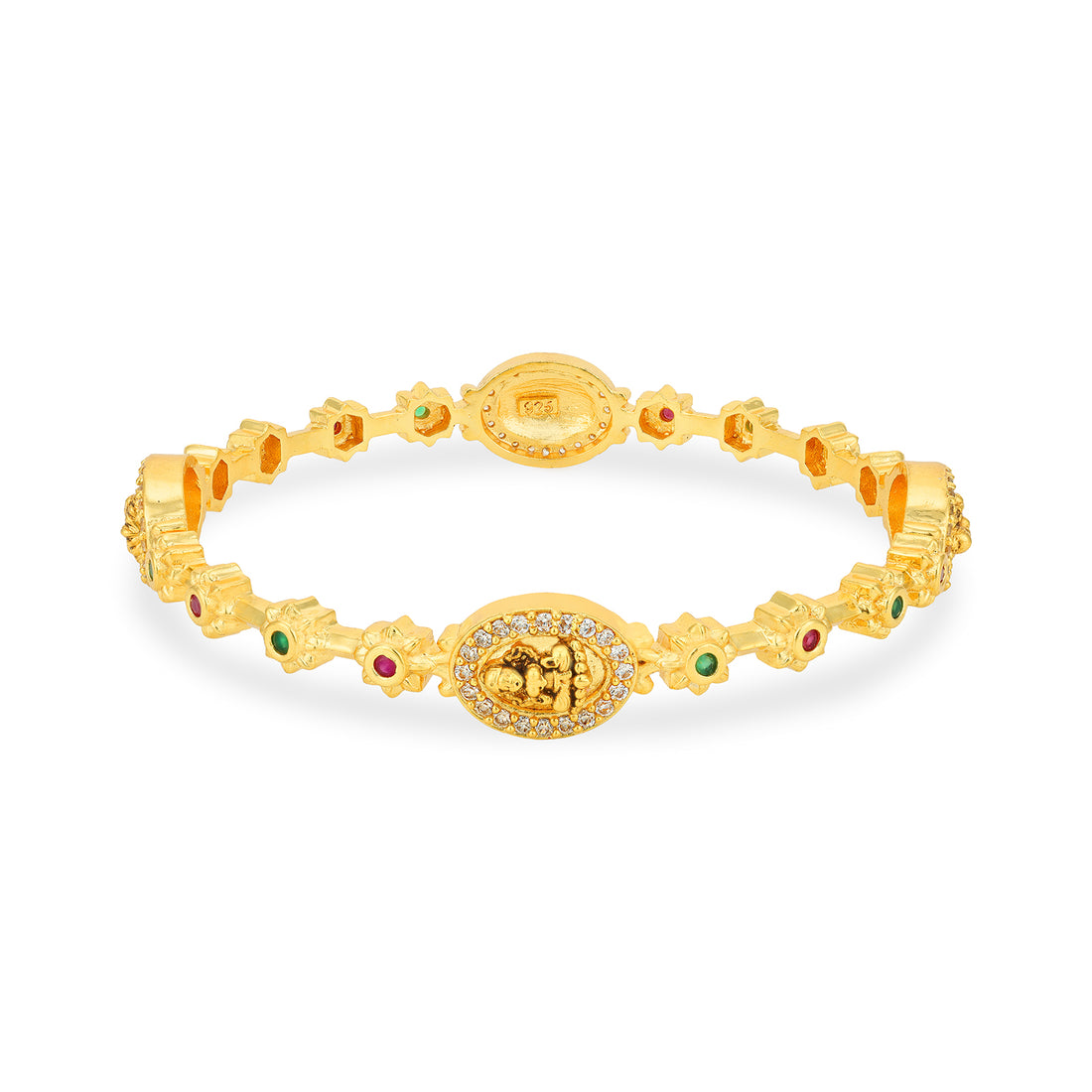 Traditional Lakshmi Floral Green Pink Stone 925 Sterling Silver Gold Plated Bangle for Women