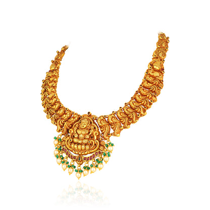 Traditional Lakshmi Motif 925 Sterling Silver Pearl Drop Haram for Women