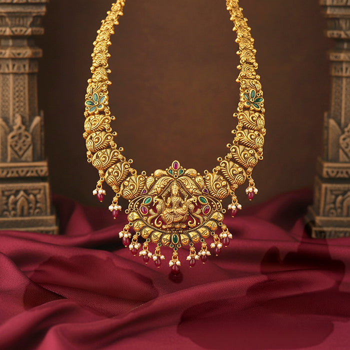 Traditional Lakshmi Seated Twin Peacock Pink Drop 925 Sterling Silver Gold Plated Haram for Women