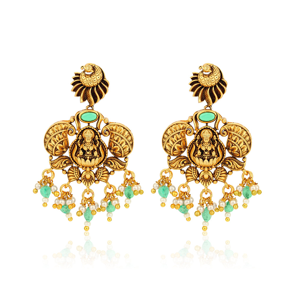 Traditional Lakshmi Temple Green Drop 925 Sterling Silver Gold Plated Earrings for Women