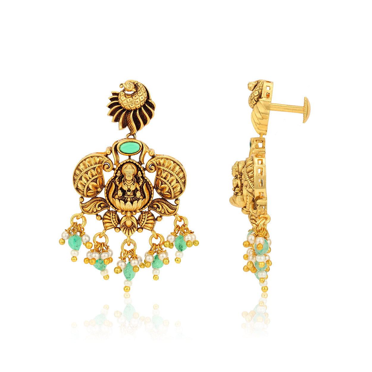 Traditional Lakshmi Temple Green Drop 925 Sterling Silver Gold Plated Earrings for Women