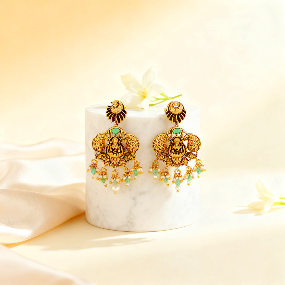 Traditional Lakshmi Temple Green Drop 925 Sterling Silver Gold Plated Earrings for Women