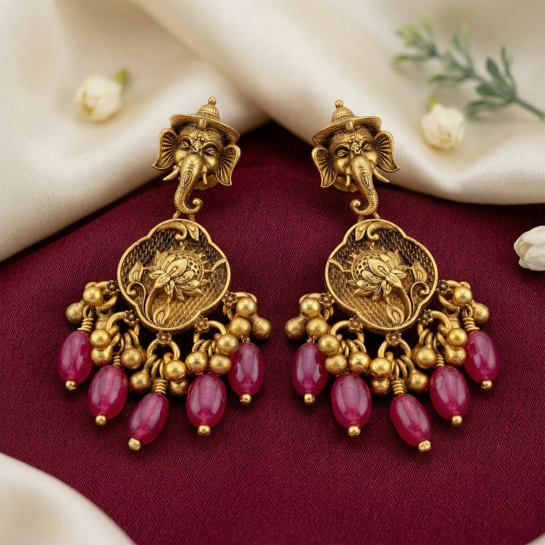 Traditional Lord Ganesha Lotus Motif 925 Sterling Silver Pink Drop Earring for Women