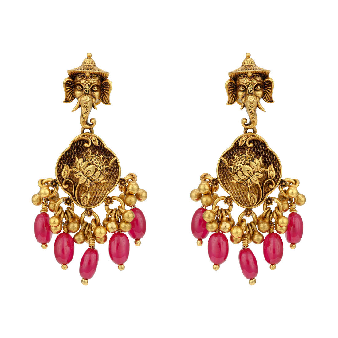 Traditional Lord Ganesha Lotus Motif 925 Sterling Silver Pink Drop Earring for Women