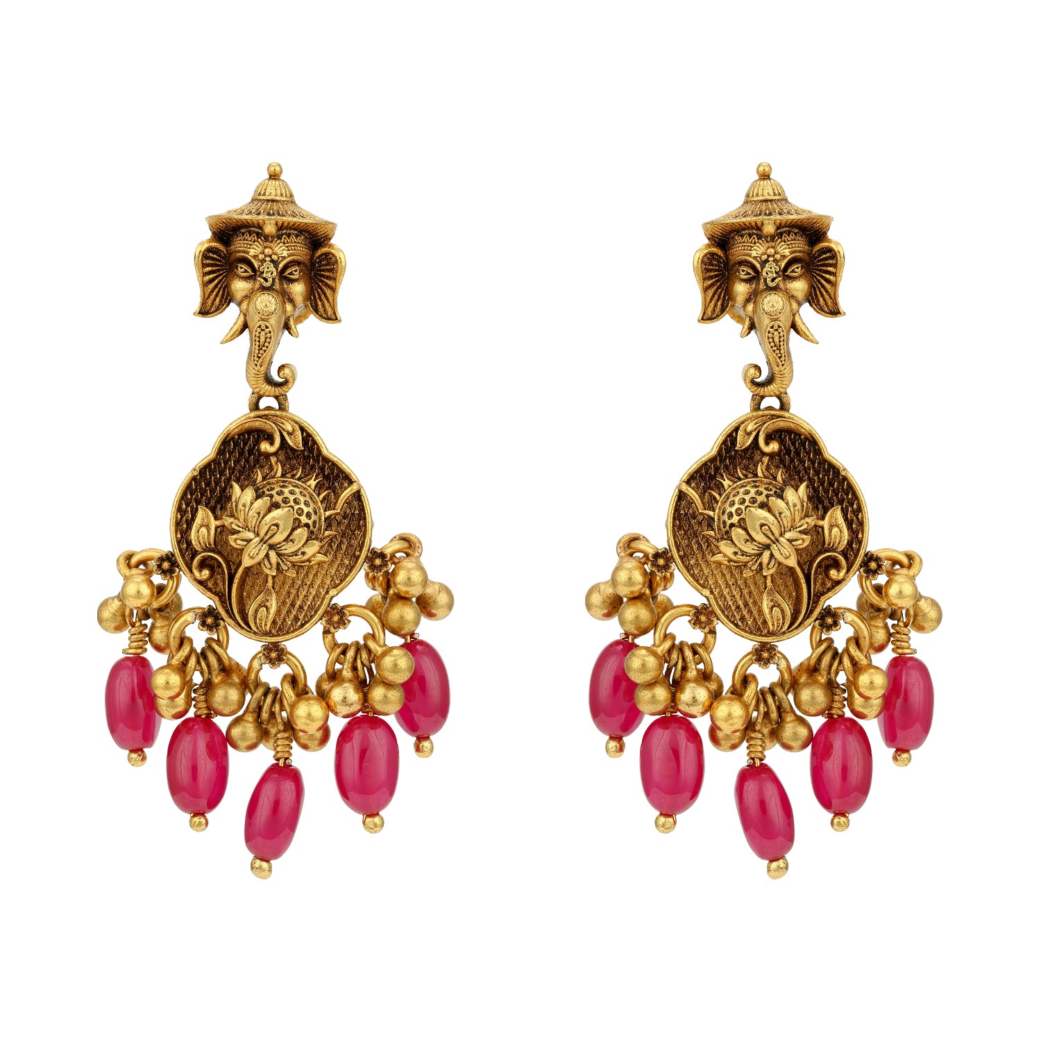 Traditional Lord Ganesha Lotus Motif 925 Sterling Silver Pink Drop Earring for Women