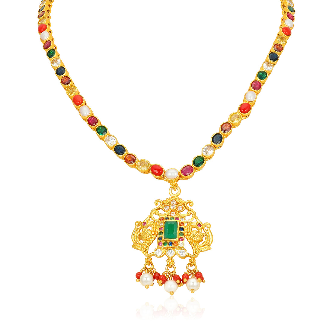 Traditional Navratna Pearl Drop 925 Sterling Silver Gold Plated Short Haram for Women