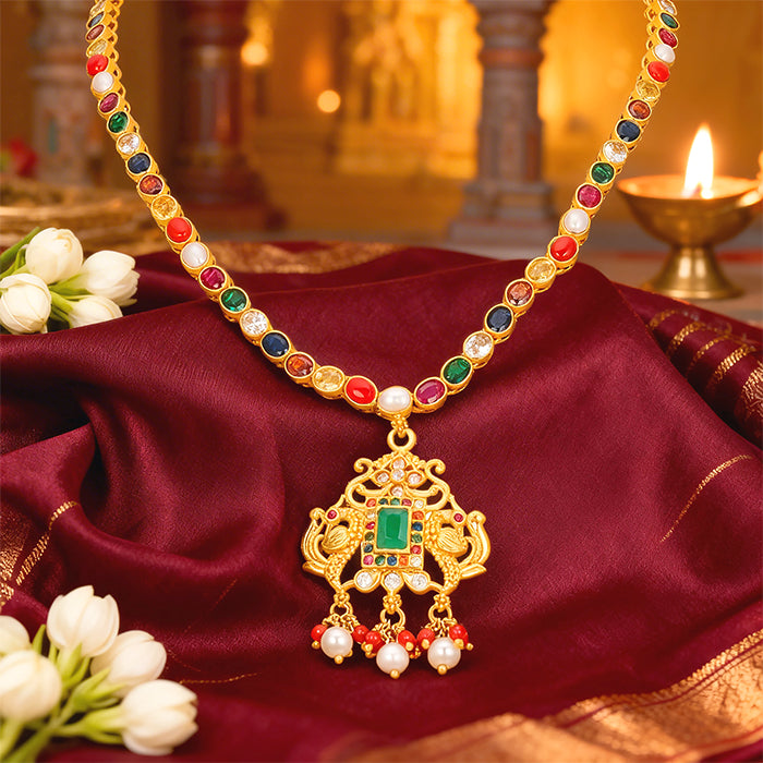 Traditional Navratna Pearl Drop 925 Sterling Silver Gold Plated Short Haram for Women