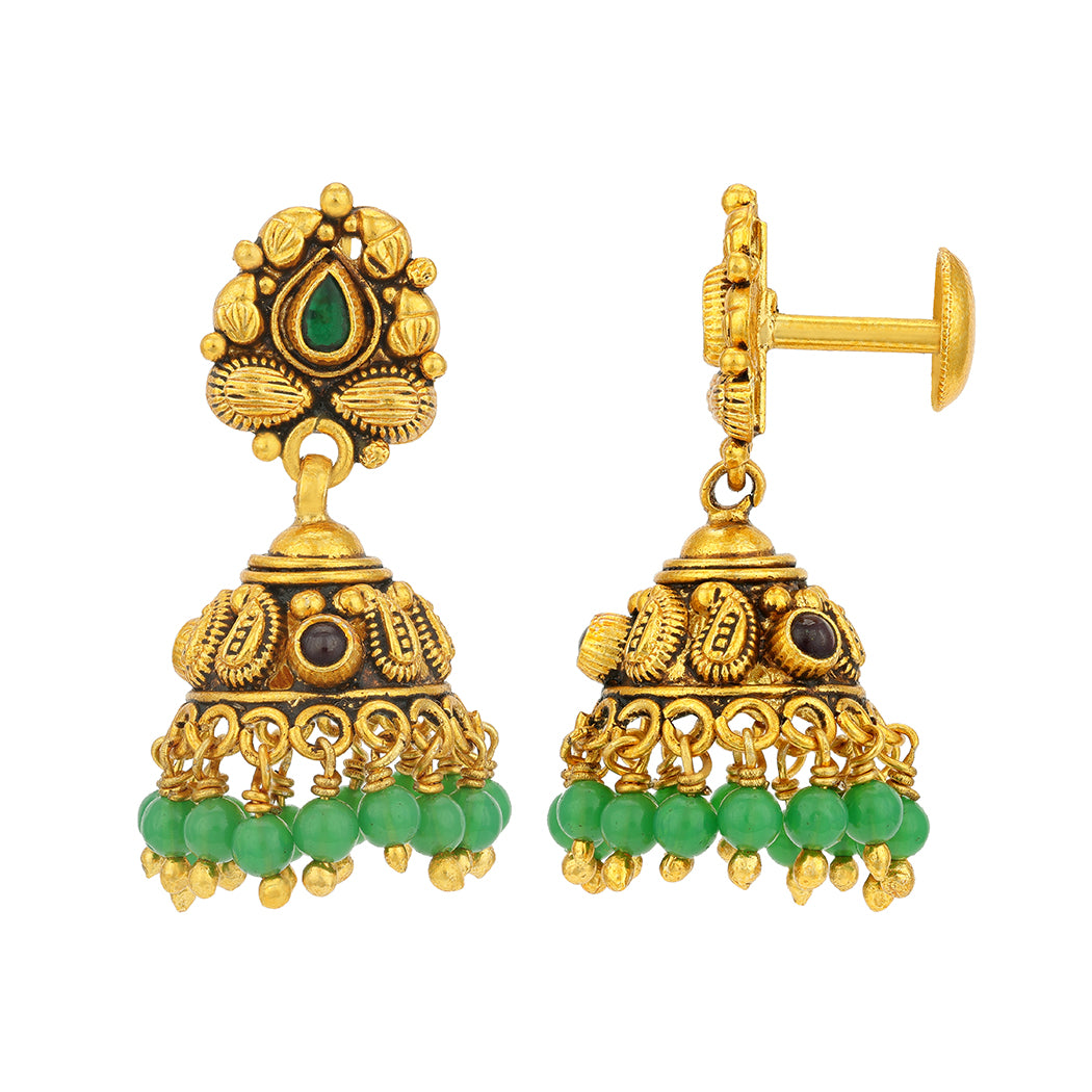 Traditional Paisley Green Red Stone Gold Tone 925 Sterling Silver Green Drop Jhumka for Women