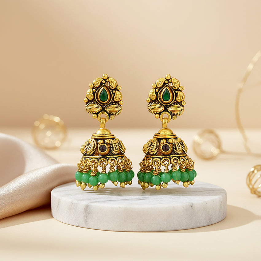 Traditional Paisley Green Red Stone Gold Tone 925 Sterling Silver Green Drop Jhumka for Women