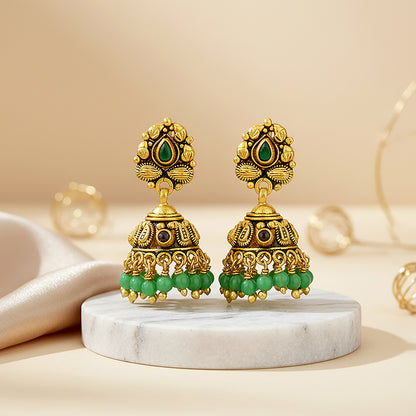 Traditional Paisley Green Red Stone Gold Tone 925 Sterling Silver Green Drop Jhumka for Women
