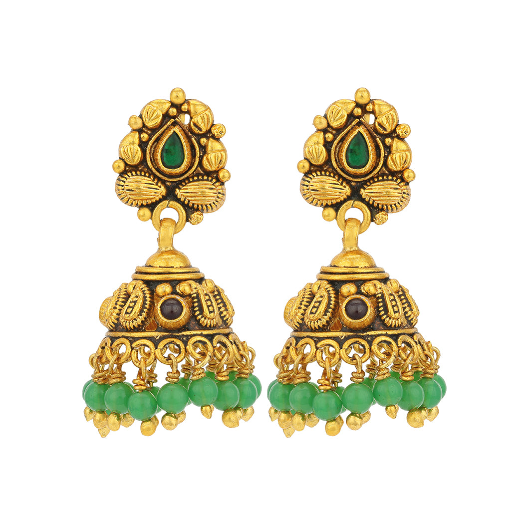 Traditional Paisley Green Red Stone Gold Tone 925 Sterling Silver Green Drop Jhumka for Women