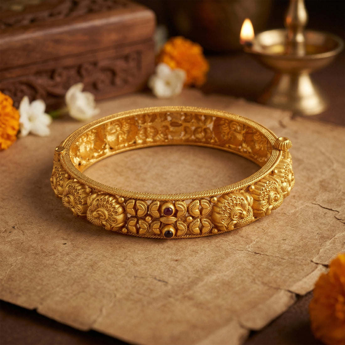 Traditional Peacock Motif 925 Sterling Silver Gold Plated Kada for Women