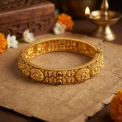 Traditional Peacock Motif 925 Sterling Silver Gold Plated Kada for Women