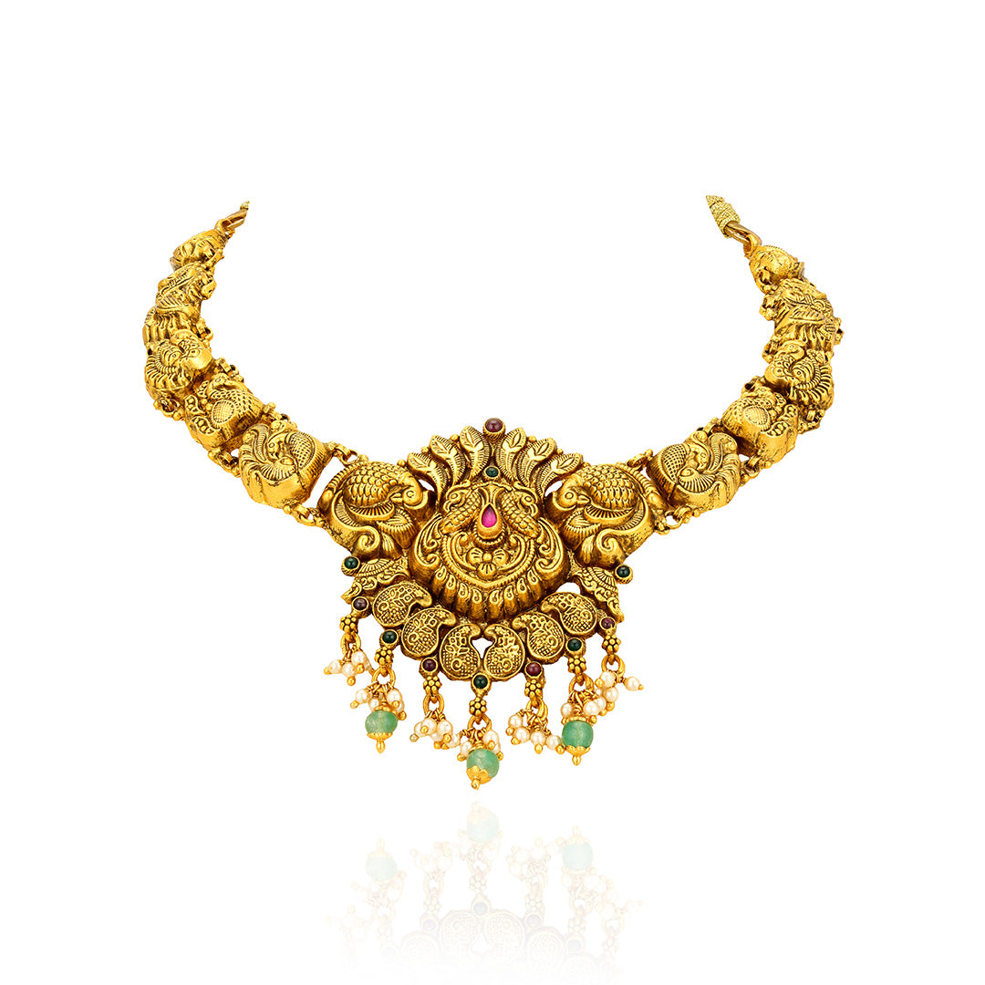 Traditional Peacock Paisley Cluster 925 Sterling Silver Pearl Green Drop Necklace for Women