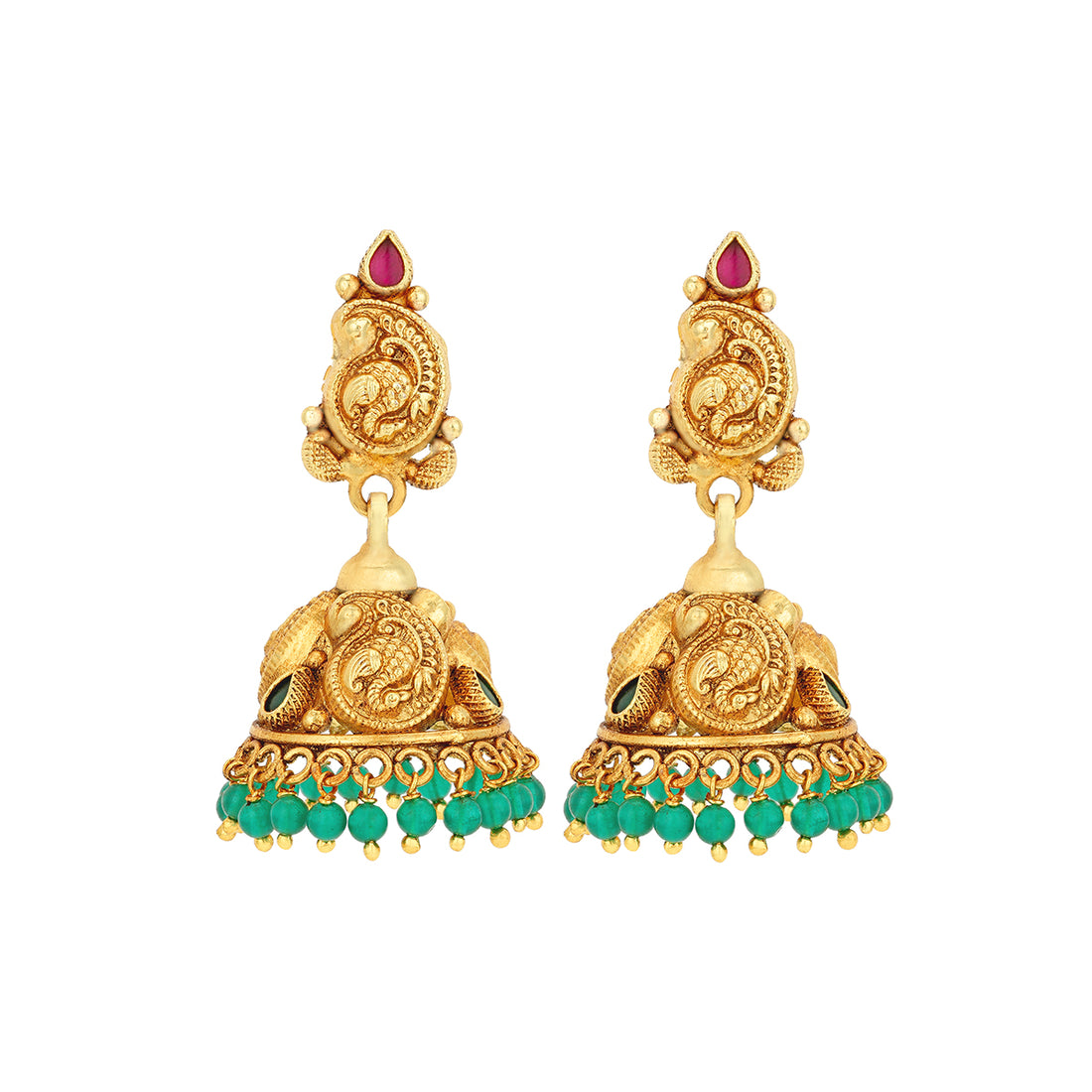 Traditional Pink Stone Paisley Pattern 925 Sterling Silver Green Bead Drop Jhumka for Women