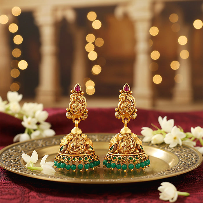 Traditional Pink Stone Paisley Pattern 925 Sterling Silver Green Bead Drop Jhumka for Women