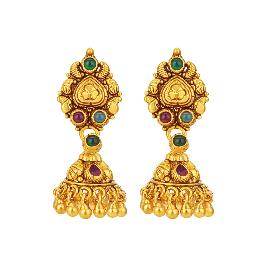 Traditional Red Green Stone Gold Plated 925 Sterling Silver Jhumka for Women