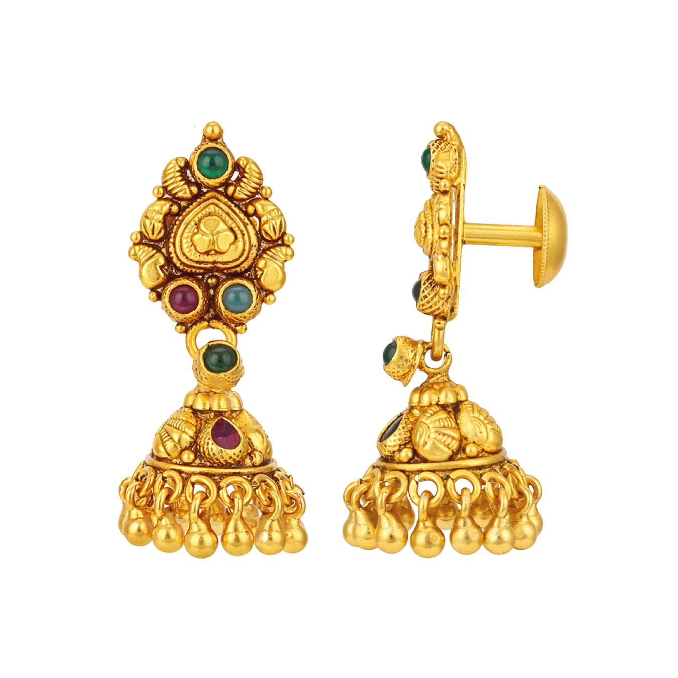 Traditional Red Green Stone Gold Plated 925 Sterling Silver Jhumka for Women