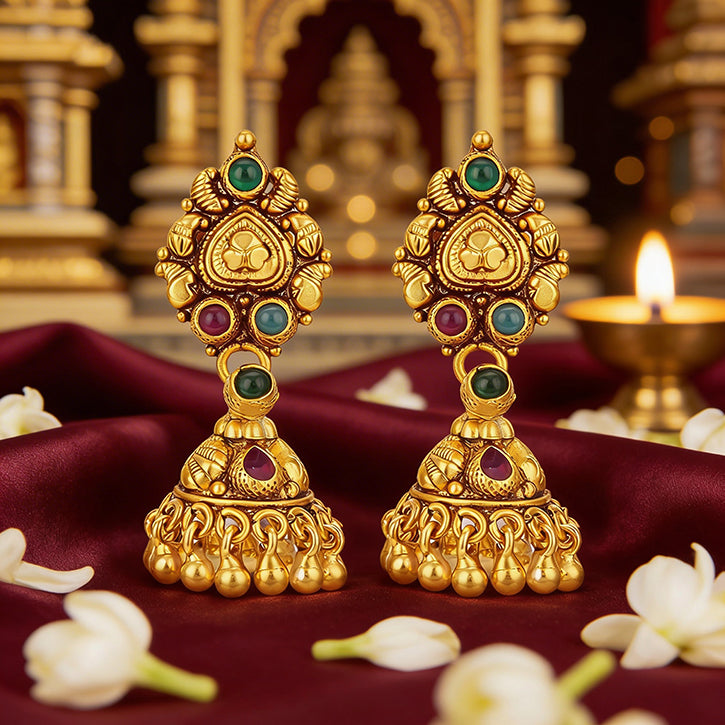 Traditional Red Green Stone Gold Plated 925 Sterling Silver Jhumka for Women