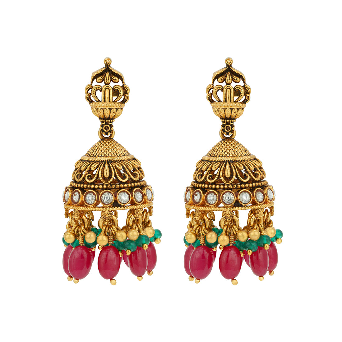 Traditional Royal Ruby Emerald Tassel Gold Plated 925 Sterling Silver Jhumka for Women