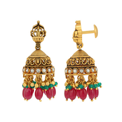 Traditional Royal Ruby Emerald Tassel Gold Plated 925 Sterling Silver Jhumka for Women