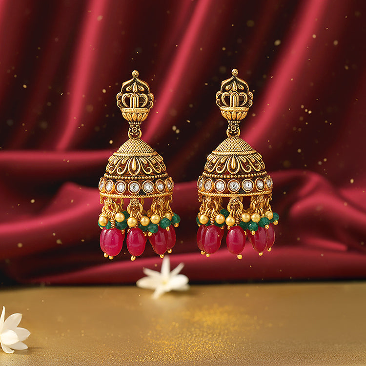 Traditional Royal Ruby Emerald Tassel Gold Plated 925 Sterling Silver Jhumka for Women