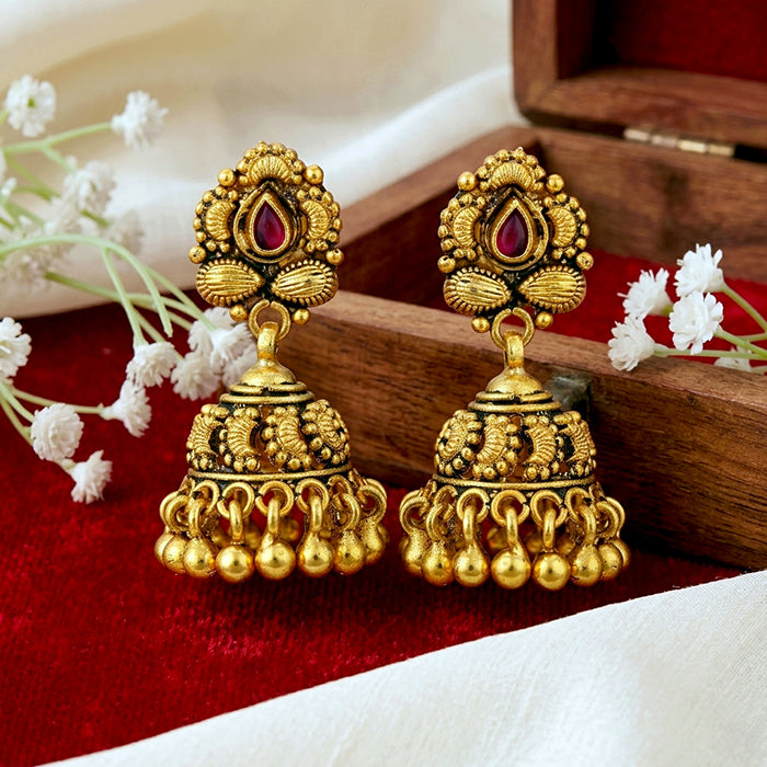 Traditional Temple 925 Sterling Silver Pink Stone Jhumka for Women
