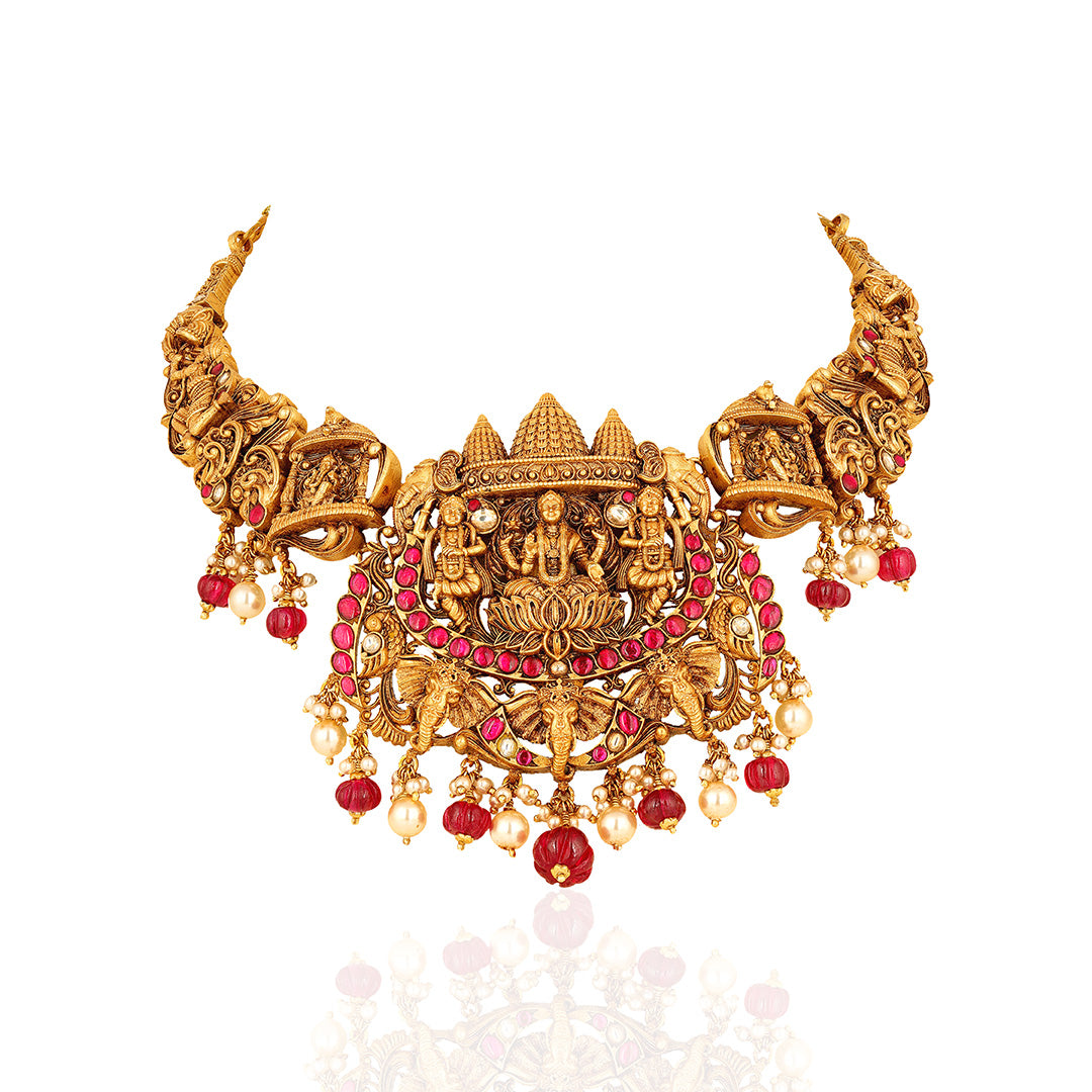 Traditional Temple Motif 925 Sterling Silver Ruby Necklace for Women