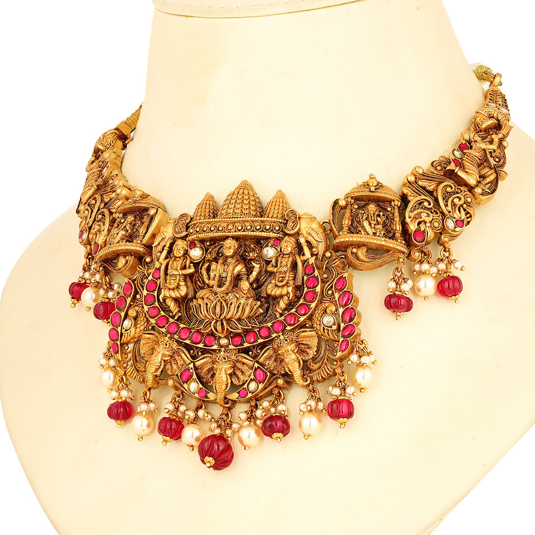 Traditional Temple Motif 925 Sterling Silver Ruby Necklace for Women