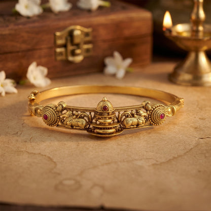 Traditional Temple Nandi Motif 925 Sterling Silver Pink Stone Kada for Women