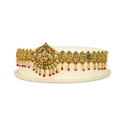 Traditional Temple Peacock Motif Green Floral Gold Plated 925 Sterling Silver Pink Drop Oddiyanam