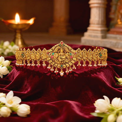 Traditional Temple Peacock Motif Green Floral Gold Plated 925 Sterling Silver Pink Drop Oddiyanam