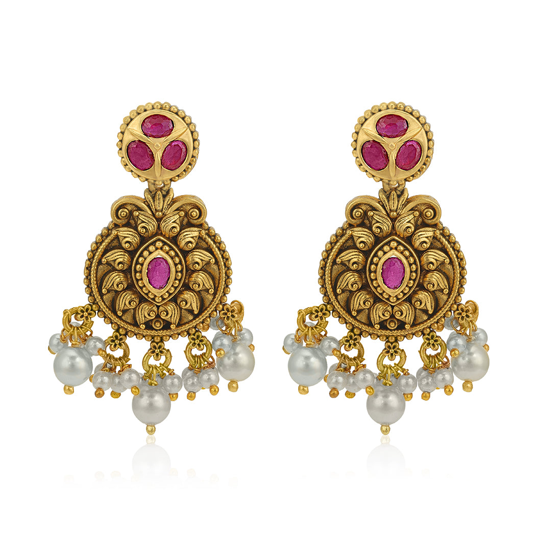 Traditional Temple Pearl Drop 925 Sterling Silver Pink Stone Earring for women