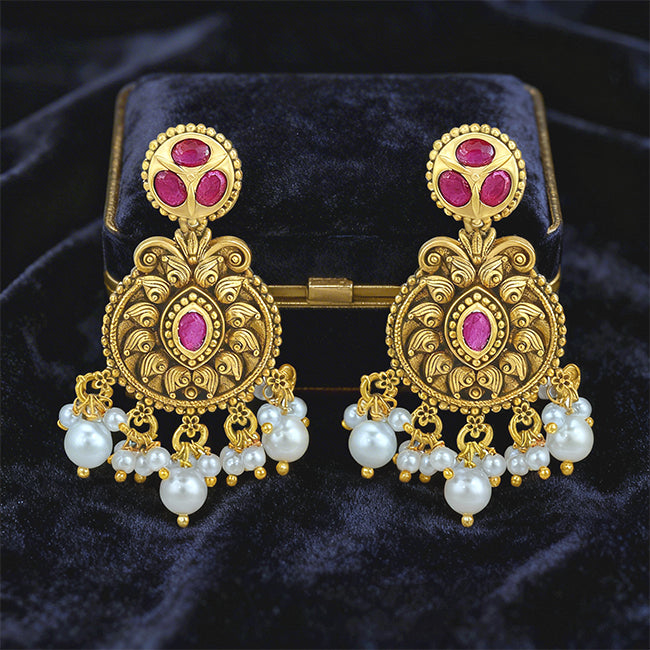 Traditional Temple Pearl Drop 925 Sterling Silver Pink Stone Earring for women