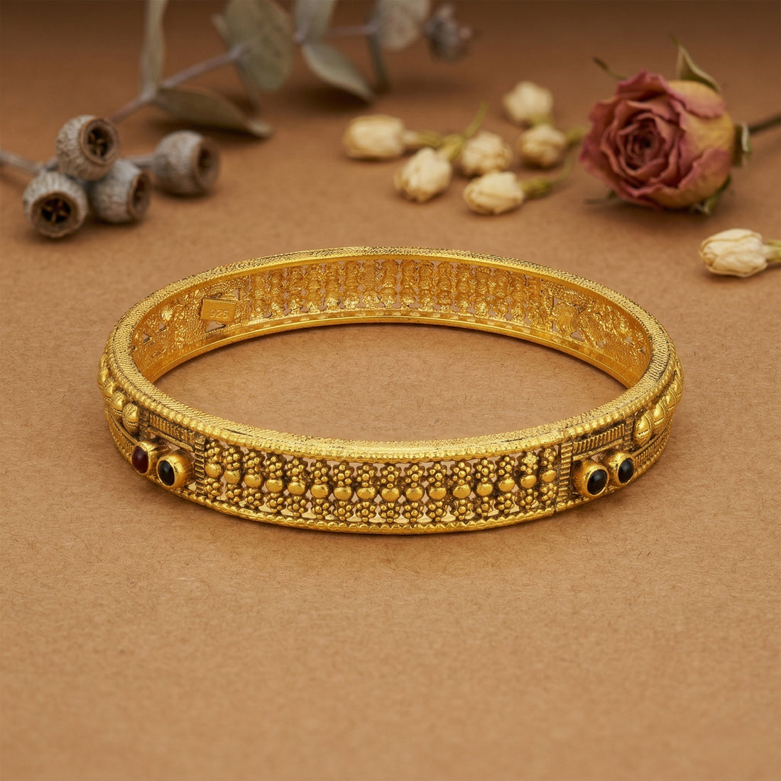 Traditional Temple Style 925 Sterling Silver Gold Plated Stone Bangle for Women